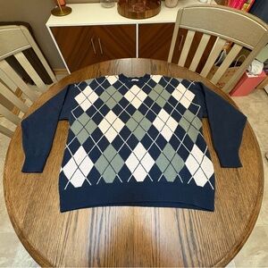 Aritzia Sunday Best Peggy Sweater Argyle Pattern Navy Green Pink Wool & Cotton